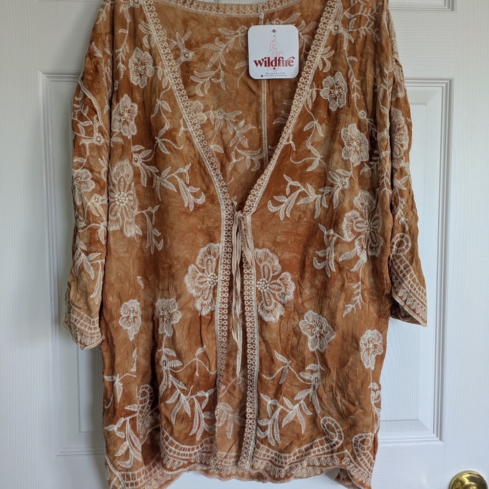 Boutique Find Amber Orange Kimono with Stunning Cream Floral Embroidery
